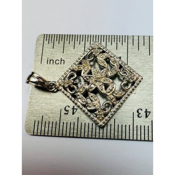 Brand New Sterling Silver 925 Filigree Floral Design Pendant w/ White Crystals, - Picture 8 of 10